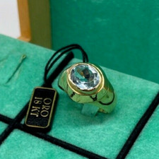 Bague En Or Jaune Neuve 18Kt Carats Aigue-Marine Bleue Style Luxe Homme/Femme