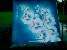 7" SQ  MARKED JFE STEEL CORPORATION VINTAGE ENAMEL METAL PLATE  FLOWER DESIGN   