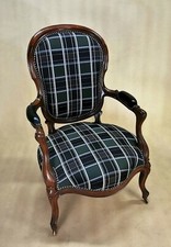 Fauteuil Louis Philippe cabriolet acajou tartan et cuir