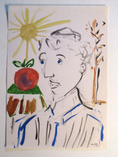 Ecole FRANCAISE XX DESSIN AQUARELLE PORTRAIT HOMME KIPPA JUDAICA suiv. CHAGALL a
