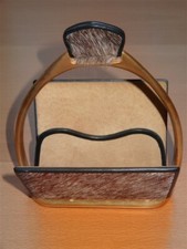 Vintage Brass Horsehide Desktop Letter Card Holder Equestrian