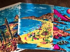 lot 3 peinture gouache paysage marin vue sur la mer plage côte bateau 65x50 