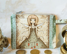 Porte-monnaie vert / beige tissu coton imprimé Santoro Mirabelle, fillette ange