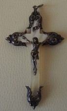 Religion Ancien pendentif croix crucifix argent poinçons nacre Hauteur  9,3 cm