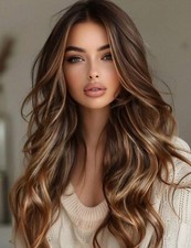 Perruque Synthétique Longue Brune Mèches Châtain Doré Bouclé +4 Bonnet