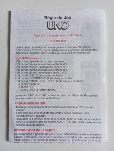 Règle jeu uno - du, notice