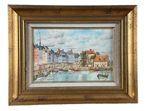 Tableau huile vue port d - tableau,