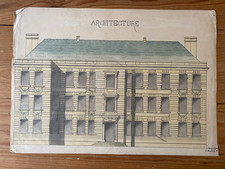 Ancien dessin d'architecture original / encre de chine  /  lavis de couleurs