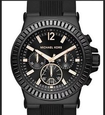 MICHAEL KORS DYLAN BLACK ROSE GOLD SILICONE BAND CRYSTAL CHRONO WATCH #8427 NEW 