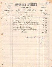 Facture   1884 FERBLANTIER AUGUSTE BOIRET A SALIES DE BEARN - M. LE VICOMTE DE