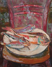 TABLEAUX HSP XX EME  NATURE MORTE POISSONS ROUGE BARBET LA CHAISE SIGNE MEATS