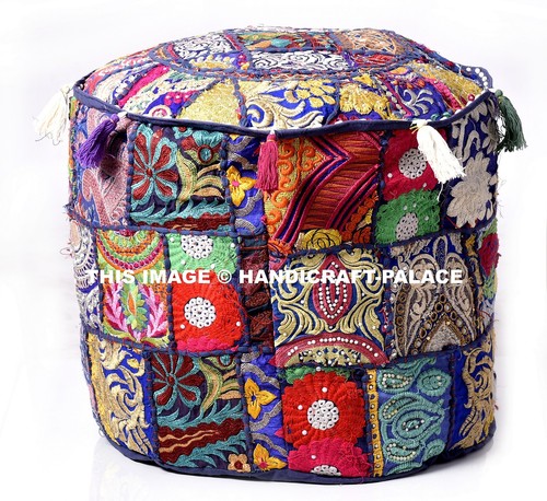 Pouf rond fait main - rond, bleu