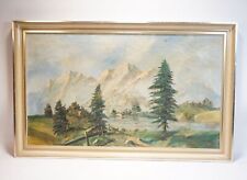 Grande Original Huile Tableau Signé Paysage de Montagne Lac Alpage Cabane