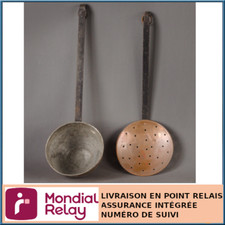 LOT ANCIEN : 1 ÉCUMOIRE + 1  LOUCHE EN FER FORGÉ ET CUIVRE