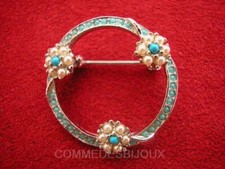 Broche "Cercle Fin aux Trois Fleurs" N° 2 Turquoise Nacre - Bijoux pur Vintage