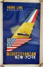 NEW YORK - MARSEILLE FABRE LINE 1950 J. TONELLI LARGE ORIGINAL LITHOGRAPHY