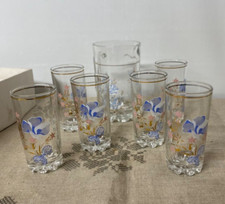 Service à jus de fruit en verre 1 cruche et 6 verre décors fleurs bonne état