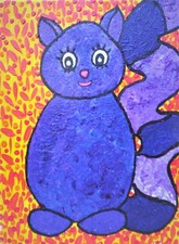 mélanie carrouër art naïf  " chat d' ailleurs  acrylique sur toile  20X20