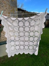 Vintage French Ecru Cotton Handmade Crochet Lace Small Tea Tablecloth 3 x 3 ft