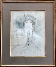 BERNARD CHAROY AQUARELLE ORIGINALE FEMME ÉLÉGANTE CHAPEAU COLLIER 1982 JAPAN 