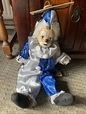 RARE STATUE MARIONNETTE POUPÉE CLOWN LUNE BLEU ARGENT BALANÇOIRE TISSU ET BOIS