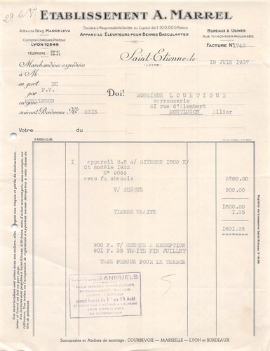 Facture 1937 appareils - ,