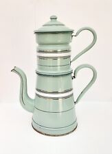 Rare ANCIENNE CAFETIÈRE à étage Tôle Émaillée Vert pastel Doré Blanc 