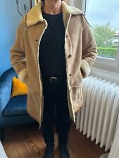 manteau mouton retourné beige vintage avec liseret en cuir marronfemme taille 40
