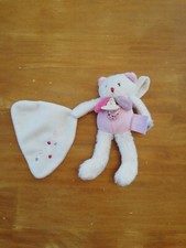 O DOUDOU ET COMPAGNIE CHAT ROSE MOUCHOIR Blanc Les GOMMETTES Attache Tétine