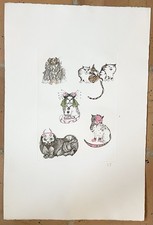 LITHOGRAPHIE ANCIENNE CHATS COSTUMÉS SIGNÉ CRAYON L F LEONOR FINI CIRCA 1980