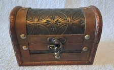 Vintage Petit Boîte en Bois Et Cuir ,bijoux Pirate Trésor Pierre Secret LG 14 cm