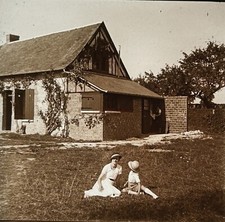 Famille Maison de campagne Photo Plaque de verre c1930 Vintage §48L8n