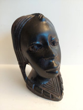 Sculpture Statue Tête de Jeune Fille Africaine aux Nattes - Bois d'Ebène