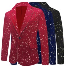 Homme Paillette Motif Étoile Velours Veste Costume Blazer Haut Soirée Bal Mode