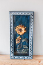 Tableau Sculpture Tournesol Relief sous Verre Encadrement Bois Bleu