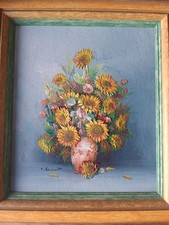 tableau ancien huile sur toile signé - tournesols en vase