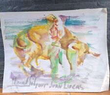 peinture Aquarelle Scène Animal Taureau Corrida Tableau Signé 
