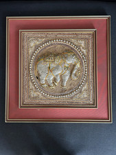 Tableau ancien broderie en fil d'or en d argent décor éléphant Inde 50 cm