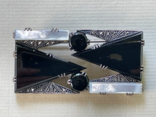 Exceptionnelle broche en argent 925, onyx, nacre et marcassite / Design Art déco
