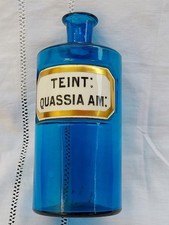 FLACON, POT A PHARMACIE,BLEU, ETIQUETTE PORCELAINE BISEAUTÉE, TEINT. QUASSIA AM: