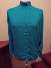 Chemisier  HERMES Vintage Soie 38 Bleu Vert Turquoise 38 Col Mao Boutonnage Cote