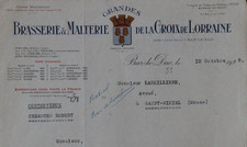 Facture BAR-LE-DUC 1929 Brasserie de la Croix de Lorraine malterie bière 74