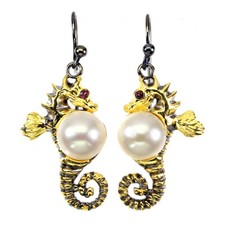 925 Argent Sterling Perle Blanche 10mm Grenade Rhodolite Mer Cheval Boucles