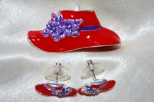 Enamel Red Hat  Pin Stud Earrings Set Mother Queen Lady Grandmother Wife Mom