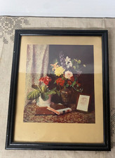 Ancien tableau cadre en bois décors vase bouquet de fleurs livre je pense image