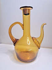 Verseuse vintage 60/70 en verre soufflé ambre 27,5 cm anse + bec bouchon liège