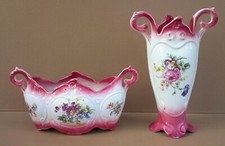 Ancienne jardinière barbotine + vase ONNAING déco vintage céramique old planter