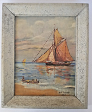 Ancienne marine, tableau, peinture à l'huile sur carton entoilé, signature 1946.