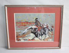 Tableau, gouache, signée 1963, corrida, tauromachie, cavalier, taureau