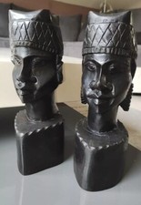 Sculpture/Paire de Bustes Couple Africain/Malgache. En Bois d Ébène. Haut 23 cm
